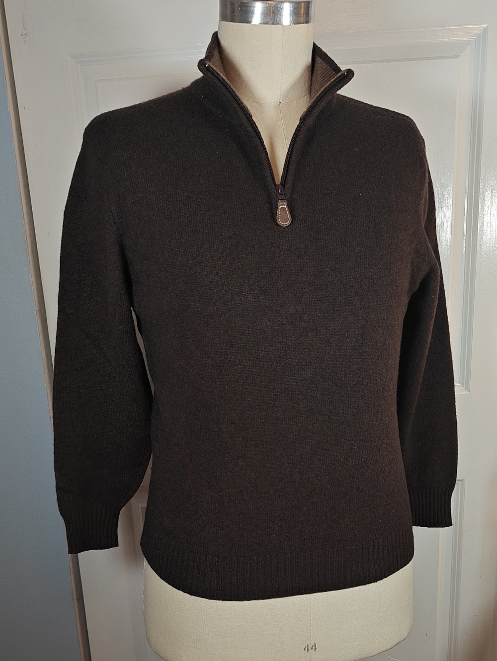 Jos A Bank Mens Large Dark Brown Lambswool Blend Half Zip Knit Pullover Sweater